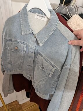 Pinkyotto Light Blue Cropped Denim Jacket with Heather Gray Sleeves